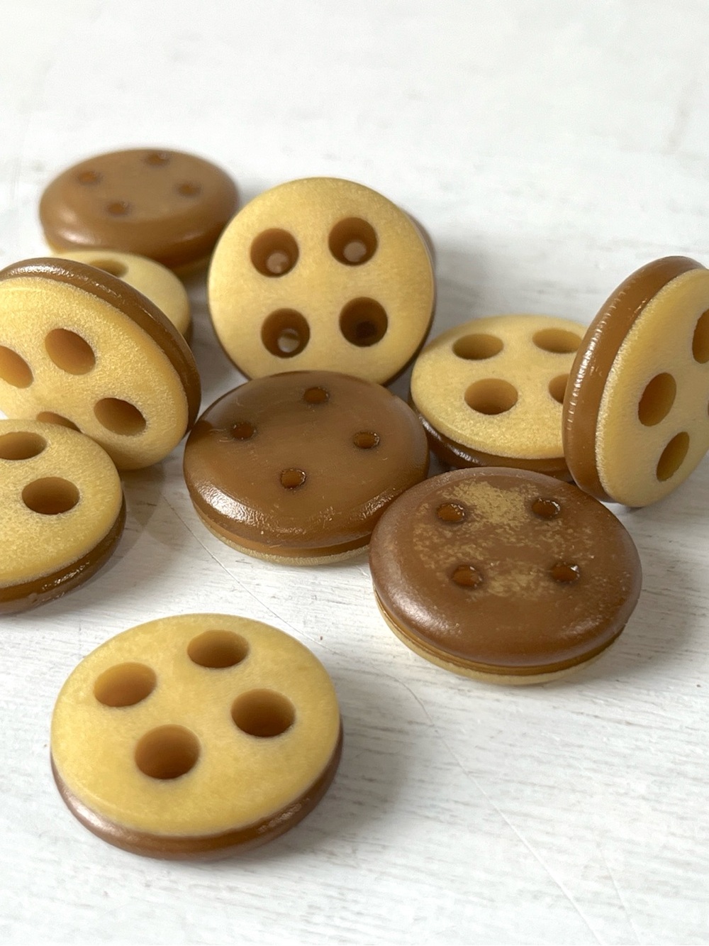 11 Unusual Vintage Round Plastic 4 hole Buttons w Groove Offbeat Yellow Ochre